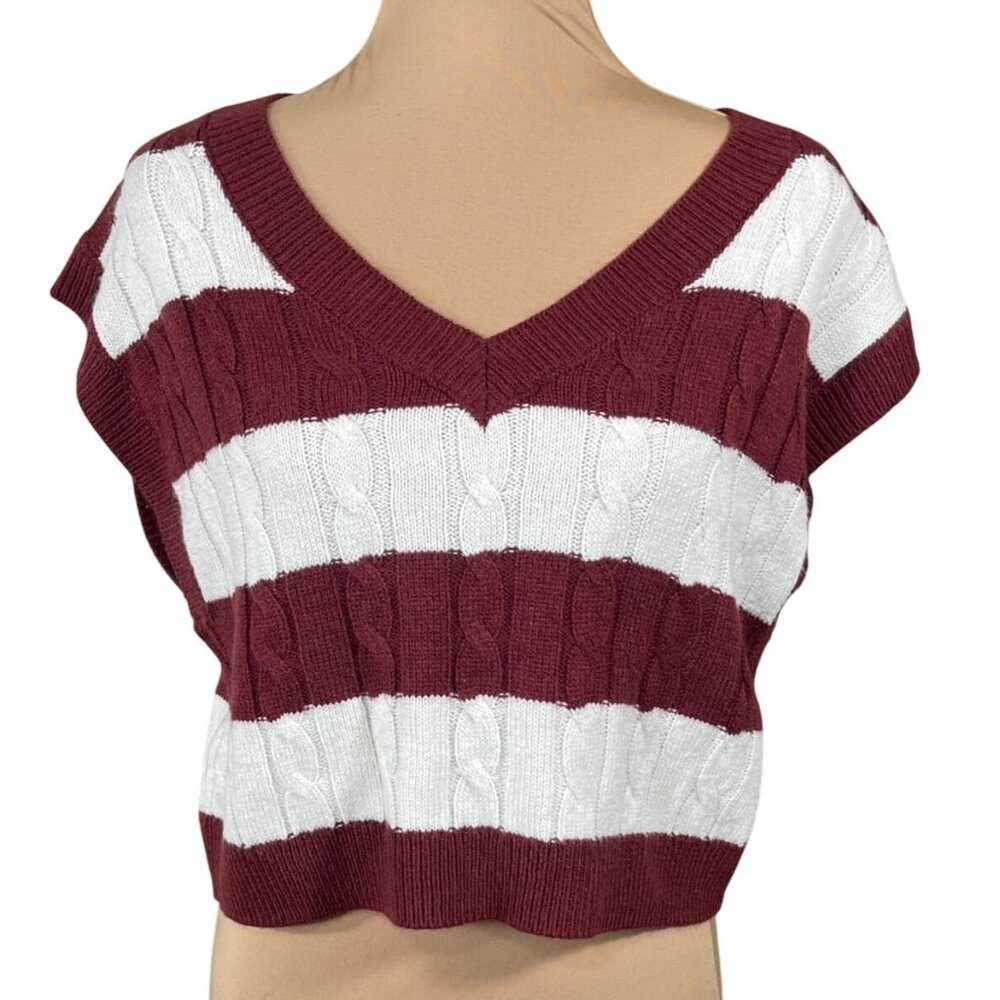 SO Sweater Vest V-Neck Size S Small Maroon Creamy White Stripe